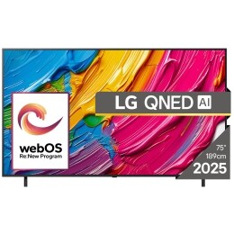 Vedere din față a unui LG NanoCell TV, NANO82, cu textul LG NanoCell 2024 și logo-ul webOS Re:New Program pe ecran2