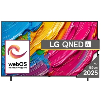 Vedere din față a unui LG NanoCell TV, NANO82, cu textul LG NanoCell 2024 și logo-ul webOS Re:New Program pe ecran1