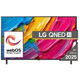Vedere din față a unui LG NanoCell TV, NANO82, cu textul LG NanoCell 2024 și logo-ul webOS Re:New Program pe ecran2