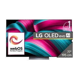 Vedere frontală a LG OLED evo AI C5 4K Smart TV. Emblema OLED 12 ani numărul 1 la nivel mondial și logo LG OLED AI evo 2025 sunt pe ecran.2