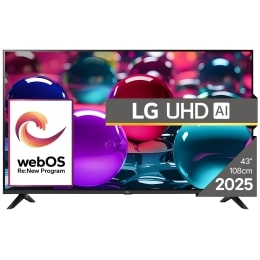 Vizualizare frontală a unui UHD TV, cu sigla LG UHDl Al în colțul de sus. LG UHD TV înfățișează texturi colorate ca dintr-un tablou care se îmbină.2