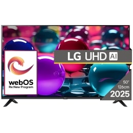 Vizualizare frontală a unui UHD TV, cu sigla LG UHDl Al în colțul de sus. LG UHD TV înfățișează texturi colorate ca dintr-un tablou care se îmbină.2