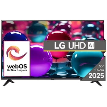 Vizualizare frontală a unui UHD TV, cu sigla LG UHDl Al în colțul de sus. LG UHD TV înfățișează texturi colorate ca dintr-un tablou care se îmbină.