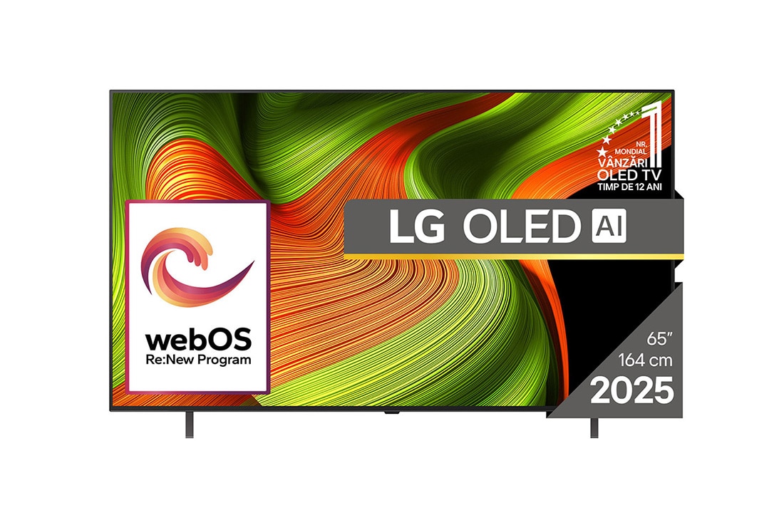 LG OLED B5 AI de 65 inch, 4K Smart TV, 2025, Vedere frontală a LG OLED AI B5 4K Smart TV. Emblema OLED 12 ani numărul 1 la nivel mondial și sigla LG OLED AI 2025 sunt pe ecran., OLED65B53LA