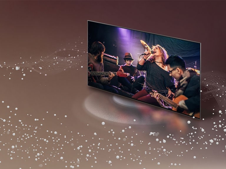 LG TV pe măsură ce bule de sunet și unde sunt emise din ecran și umplu spațiul.