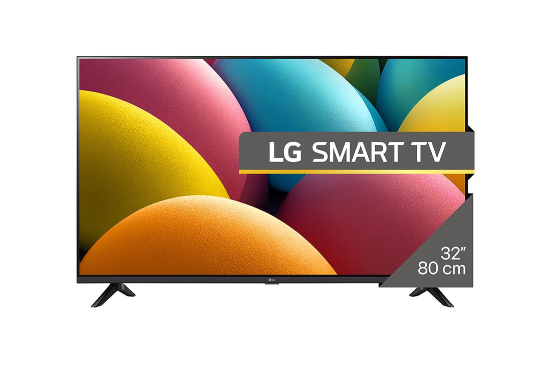 LG LR60 de 32 inch, Full HD Smart TV, Vedere din față a LG HD TV, LR60 cu text LG SMART TV și 2024 pe ecran, cu suport cu 2 poli, 32LR60006LA