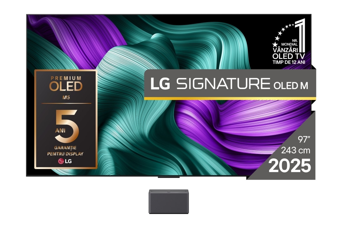 LG SIGNATURE OLED M5 de 97 inci,  4K Smart TV, 2025, Vedere frontală a LG OLED M5 Signature TV. Emblema OLED 12 ani numărul 1 la nivel mondial și sigla LG Signature OLED M sunt pe ecran. Cutia Zero Connect în colț, cu titlul „Cutia Zero Connect cu trans, OLED97M59LA