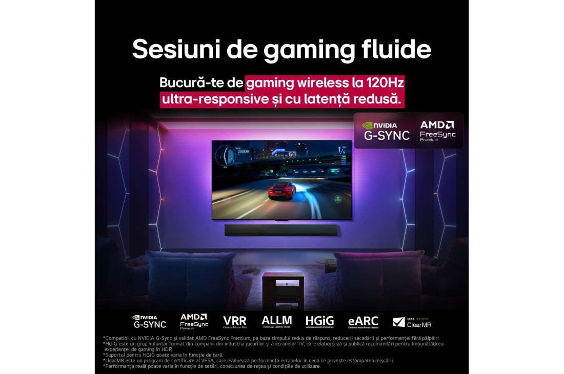 LG Televizor True Wireless LG SIGNATURE OLED M5 de 97 inch, cu transfer video și audio 4K, LG OLED M5 TV pe care este jucat un joc pe ecran, arătând experiența de joc fluentă și fără probleme. Cutia Zero Connect este văzută, dar se combină bine cu spațiul. Sunt vizibile certificările de joc, OLED97M59LA, thumbnail 12
