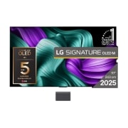 LG Televizor True Wireless LG SIGNATURE OLED M5 de 97 inch, cu transfer video și audio 4K, Vedere frontală a LG OLED M5 Signature TV. Emblema OLED 12 ani numărul 1 la nivel mondial și sigla LG Signature OLED M sunt pe ecran. Cutia Zero Connect în colț, cu titlul „Cutia Zero Connect cu trans, OLED97M59LA, thumbnail 1