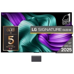 Vedere frontală a LG OLED M5 Signature TV. Emblema OLED 12 ani numărul 1 la nivel mondial și sigla LG Signature OLED M sunt pe ecran. Cutia Zero Connect în colț, cu titlul „Cutia Zero Connect cu trans2