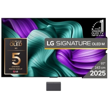 Vedere frontală a LG OLED M5 Signature TV. Emblema OLED 12 ani numărul 1 la nivel mondial și sigla LG Signature OLED M sunt pe ecran. Cutia Zero Connect în colț, cu titlul „Cutia Zero Connect cu trans1