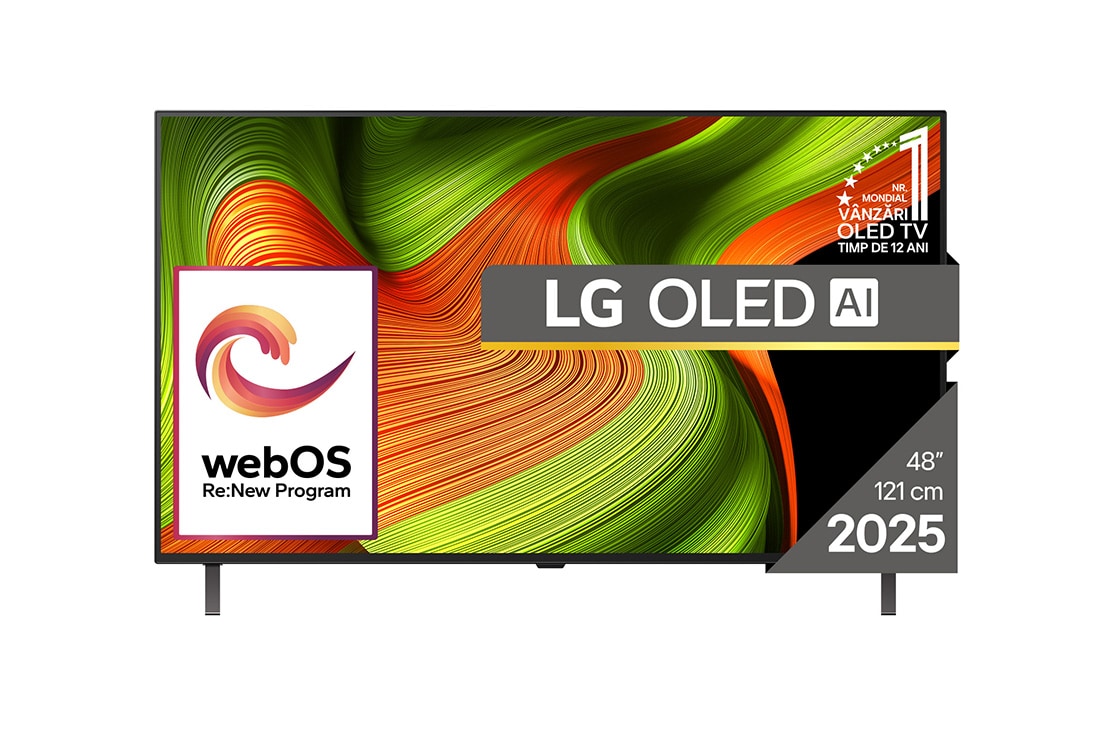 LG OLED AI B5 4K Smart TV 2025 48 inch, Vedere frontală a LG OLED AI B5 4K Smart TV. Emblema OLED 12 ani numărul 1 la nivel mondial și sigla LG OLED AI 2025 sunt pe ecran., OLED48B53LA