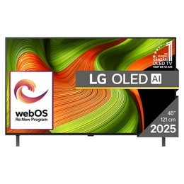 Vedere frontală a LG OLED evo AI C5 4K Smart TV. Emblema OLED 12 ani numărul 1 la nivel mondial și logo LG OLED AI evo 2025 sunt pe ecran.