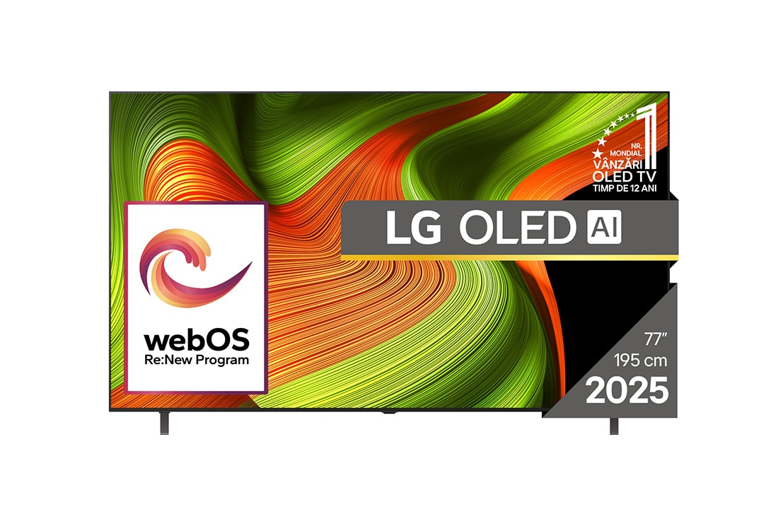 LG OLED AI B5 de 77 inch, 4K Smart, TV 2025, Vedere frontală a LG OLED AI B5 4K Smart TV. Emblema OLED 12 ani numărul 1 la nivel mondial și sigla LG OLED AI 2025 sunt pe ecran., OLED77B53LA