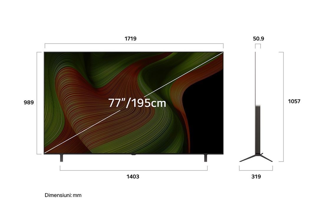LG OLED AI B5 de 77 inch, 4K Smart, TV 2025, Un spațiu din sufragerie cu un LG OLED TV montat pe perete. Pe acest TV este un munte, pe un fundal cu un cer nocturn plin cu stele. Această scenă este împărțită în jumătate, pentru a arăta cum Perfec, OLED77B53LA, thumbnail 6