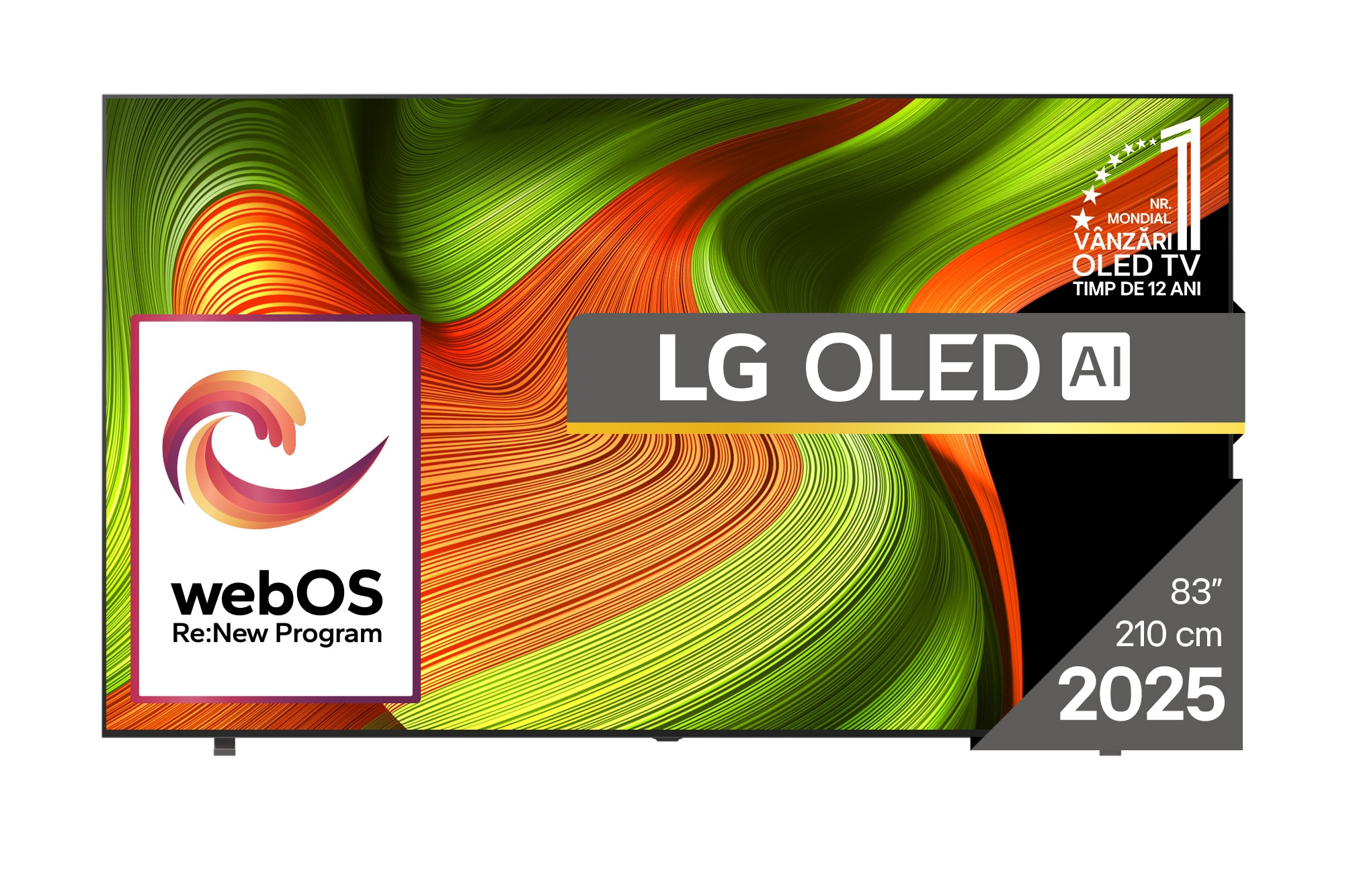LG OLED B5 AI de 83 inch, 4K Smart TV, 2025, Vedere frontală a LG OLED AI B5 4K Smart TV. Emblema OLED 12 ani numărul 1 la nivel mondial și sigla LG OLED AI 2025 sunt pe ecran., OLED83B53LA