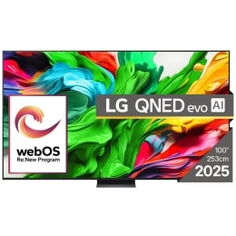 Vedere din față a unui LG NanoCell TV, NANO82, cu textul LG NanoCell 2024 și logo-ul webOS Re:New Program pe ecran2