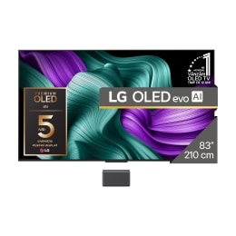 Vedere frontală a LG OLED M5 Signature TV. Emblema OLED 12 ani numărul 1 la nivel mondial și sigla LG Signature OLED M sunt pe ecran. Cutia Zero Connect în colț, cu titlul „Cutia Zero Connect cu trans2