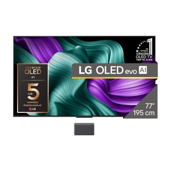 Vedere frontală a LG OLED M5 Signature TV. Emblema OLED 12 ani numărul 1 la nivel mondial și sigla LG Signature OLED M sunt pe ecran. Cutia Zero Connect în colț, cu titlul „Cutia Zero Connect cu trans1
