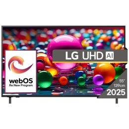 Vizualizare frontală a unui UHD TV, cu sigla LG UHDl Al în colțul de sus. LG UHD TV înfățișează texturi colorate ca dintr-un tablou care se îmbină.2