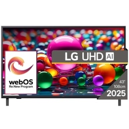 Vizualizare frontală a unui UHD TV, cu sigla LG UHDl Al în colțul de sus. LG UHD TV înfățișează texturi colorate ca dintr-un tablou care se îmbină.
