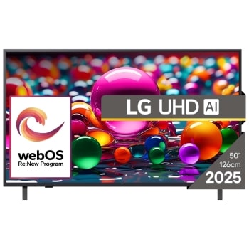 Vizualizare frontală a unui UHD TV, cu sigla LG UHDl Al în colțul de sus. LG UHD TV înfățișează texturi colorate ca dintr-un tablou care se îmbină.1