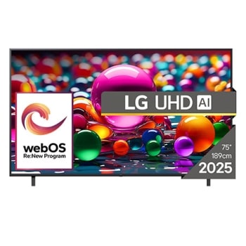 Vizualizare frontală a unui UHD TV, cu sigla LG UHDl Al în colțul de sus. LG UHD TV înfățișează texturi colorate ca dintr-un tablou care se îmbină.1