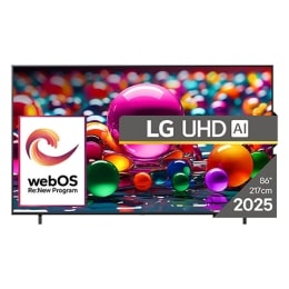 Vizualizare frontală a unui UHD TV, cu sigla LG UHDl Al în colțul de sus. LG UHD TV înfățișează texturi colorate ca dintr-un tablou care se îmbină.2