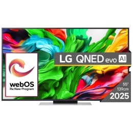 Vedere din față a unui LG NanoCell TV, NANO82, cu textul LG NanoCell 2024 și logo-ul webOS Re:New Program pe ecran2