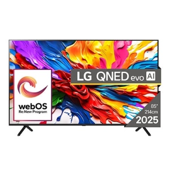 Vue avant de la TV LG QNED evo QNED93, logo LG QNED evo Al, dans le coin supérieur. La TV LG QNED evo QNED92 représente des textures colorées semblables à de la peinture, réunies.