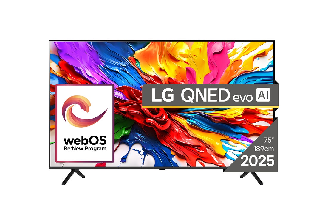 LG QNED evo AI QNED92 MiniLED 4K Smart TV 75 inci 2025, Vedere frontală a siglei LG QNED evo QNED92 TV, LG QNED evo Al în colțul superior. LG QNED evo QNED92 TV arată texturi colorate, ca și cum ar fi pictate, întrepătrunse., 75QNED92A6A