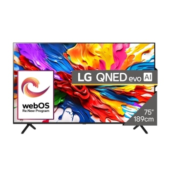 Vue avant de la TV LG QNED evo QNED93, logo LG QNED evo Al, dans le coin supérieur. La TV LG QNED evo QNED92 représente des textures colorées semblables à de la peinture, réunies.1