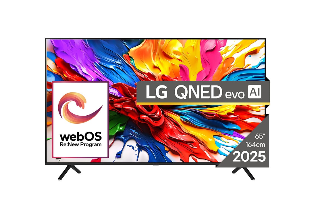 LG QNED evo AI QNED92 MiniLED 4K Smart TV 65 inci 2025, Vedere frontală a siglei LG QNED evo QNED92 TV, LG QNED evo Al în colțul superior. LG QNED evo QNED92 TV arată texturi colorate, ca și cum ar fi pictate, întrepătrunse., 65QNED92A6A