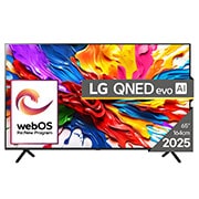 LG QNED evo AI QNED92 MiniLED 4K Smart TV 65 inci 2025, Vedere frontală a siglei LG QNED evo QNED92 TV, LG QNED evo Al în colțul superior. LG QNED evo QNED92 TV arată texturi colorate, ca și cum ar fi pictate, întrepătrunse., 65QNED92A6A, thumbnail 1
