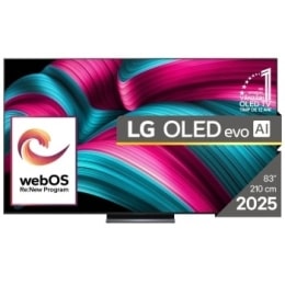 Vedere frontală a LG OLED evo AI C5 4K Smart TV. Emblema OLED 12 ani numărul 1 la nivel mondial și logo LG OLED AI evo 2025 sunt pe ecran.2