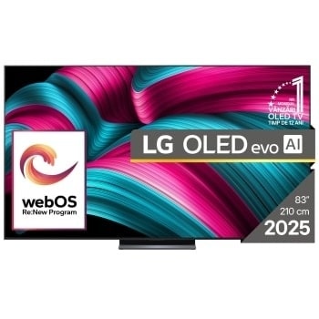 Vedere frontală a LG OLED evo AI C5 4K Smart TV. Emblema OLED 12 ani numărul 1 la nivel mondial și logo LG OLED AI evo 2025 sunt pe ecran.1