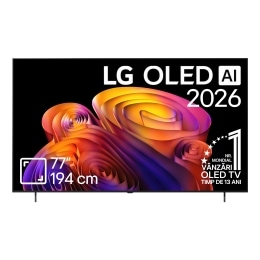 Vederea frontală a modelului LG OLED AI B6, lansat în 2026, prezintă o ramă neagră subțire și o imagine sculpturală, vibrantă, formată din straturi bogate, multicolore, care umplu ecranul.2