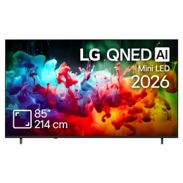 The front view of LG QNED AI QNED70 Mini LED, released in 2026, fills the screen with vivid, fluid splashes of multicolored motion, as finely layered colors disperse smoothly across the display.2