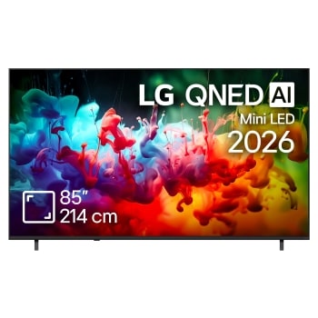 The front view of LG QNED AI QNED70 Mini LED, released in 2026, fills the screen with vivid, fluid splashes of multicolored motion, as finely layered colors disperse smoothly across the display.1
