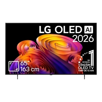 Vederea frontală a modelului LG OLED AI B6, lansat în 2026, prezintă o ramă neagră subțire și o imagine sculpturală, vibrantă, formată din straturi bogate, multicolore, care umplu ecranul.1
