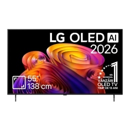 Vederea frontală a modelului LG OLED AI B6, lansat în 2026, prezintă o ramă neagră subțire și o imagine sculpturală, vibrantă, formată din straturi bogate, multicolore, care umplu ecranul.2