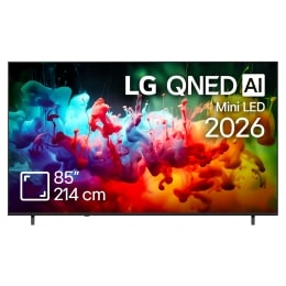 The front view of LG QNED AI QNED70 Mini LED, released in 2026, fills the screen with vivid, fluid splashes of multicolored motion, as finely layered colors disperse smoothly across the display.2