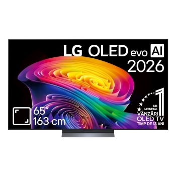 Vederea frontală a modelului LG OLED AI B6, lansat în 2026, prezintă o ramă neagră subțire și o imagine sculpturală, vibrantă, formată din straturi bogate, multicolore, care umplu ecranul.1