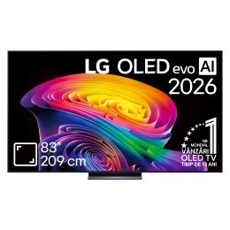 Vederea frontală a modelului LG OLED AI B6, lansat în 2026, prezintă o ramă neagră subțire și o imagine sculpturală, vibrantă, formată din straturi bogate, multicolore, care umplu ecranul.2