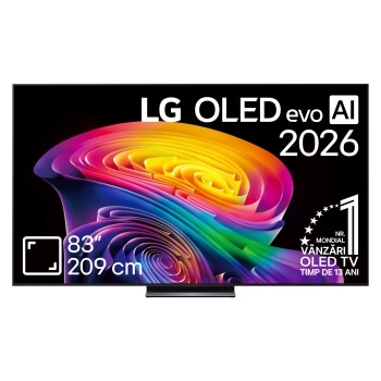 Vederea frontală a modelului LG OLED AI B6, lansat în 2026, prezintă o ramă neagră subțire și o imagine sculpturală, vibrantă, formată din straturi bogate, multicolore, care umplu ecranul.1