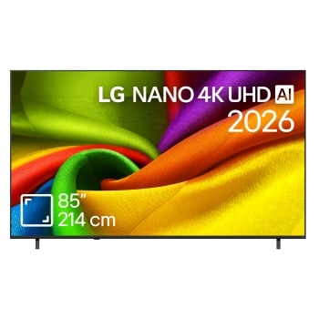 Vederea frontală a modelului LG OLED AI B6, lansat în 2026, prezintă o ramă neagră subțire și o imagine sculpturală, vibrantă, formată din straturi bogate, multicolore, care umplu ecranul.1
