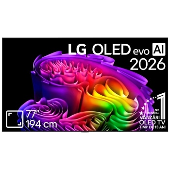Vederea frontală a modelului LG OLED AI B6, lansat în 2026, prezintă o ramă neagră subțire și o imagine sculpturală, vibrantă, formată din straturi bogate, multicolore, care umplu ecranul.1
