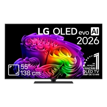Vederea frontală a modelului LG OLED AI B6, lansat în 2026, prezintă o ramă neagră subțire și o imagine sculpturală, vibrantă, formată din straturi bogate, multicolore, care umplu ecranul.1