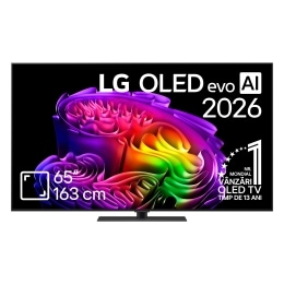 Vederea frontală a modelului LG OLED AI B6, lansat în 2026, prezintă o ramă neagră subțire și o imagine sculpturală, vibrantă, formată din straturi bogate, multicolore, care umplu ecranul.2