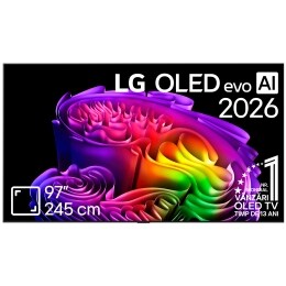 Vederea frontală a modelului LG OLED AI B6, lansat în 2026, prezintă o ramă neagră subțire și o imagine sculpturală, vibrantă, formată din straturi bogate, multicolore, care umplu ecranul.